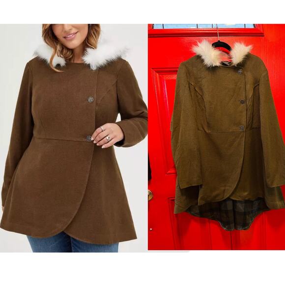 Torrid‎ Plus Size 2 Outlander Faux Fur Hooded Brown Lined Tweed Riding Coat New - Picture 1 of 6